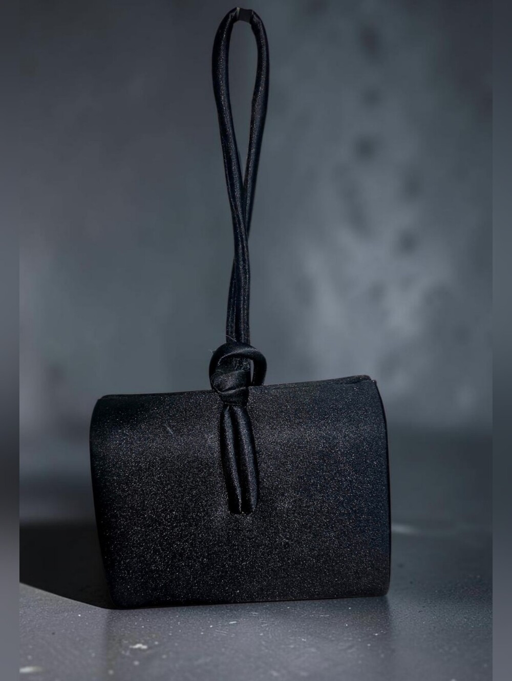 Enzo Angiolini Black Satin Wristlet Clutch with Knot Strap